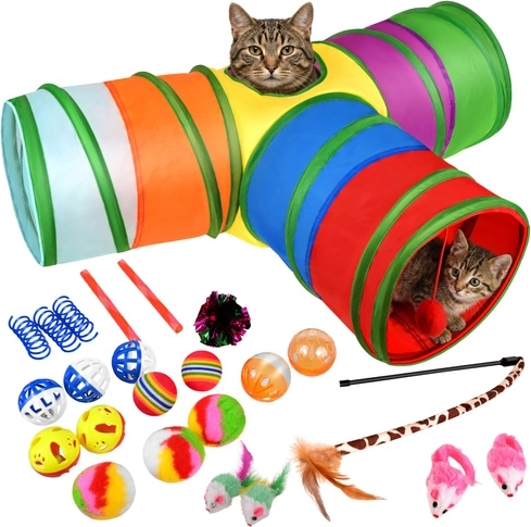 Purlov interactive cat toy set 24 pieces with tunnel and wand toy