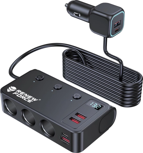 Automobiļa ligzdas sadalītājs Renew Force ar 3 ligzdām un 4 USB portiem
