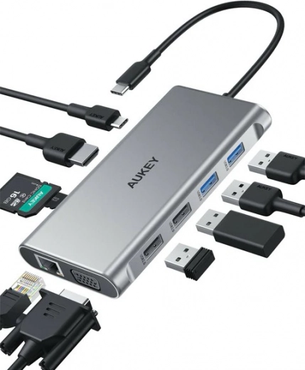Alumīnija USB‑C centrmezgls 10‑in‑1 ar Ethernet, HDMI 4K, VGA, karšu lasītāju un PD 100 W AUKEY