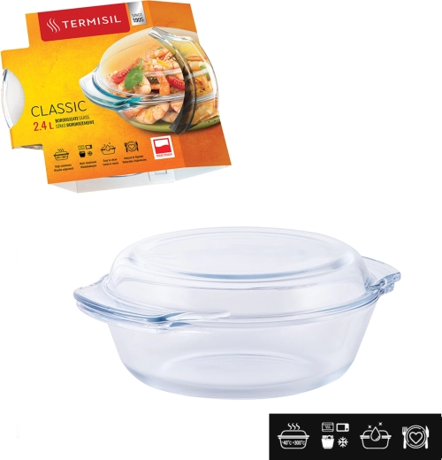 Round heat-resistant Termisil bowl 2.4 l made of borosilicate glass with lid