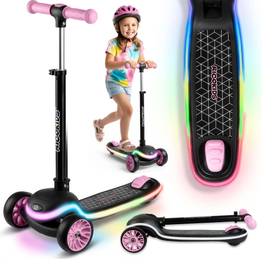 Bērnu trīsriteņu līdzsvara skrejritenis ar LED apgaismojumu RICOKIDS Leddi – melni rozā