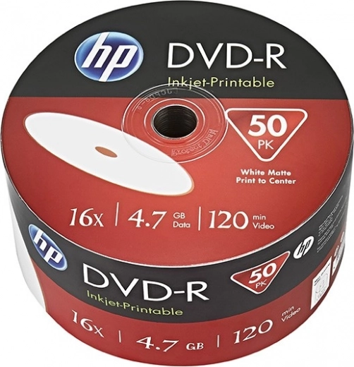 HP DVD-R 4,7 GB 16×, drukai ar tintes printeri (Inkjet Printable), 50 gab. (bulk)