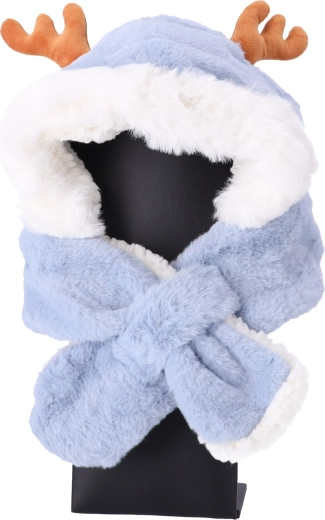 Children's plush hat with scarf for kids aged 1 to 7 - light blue with deer ears