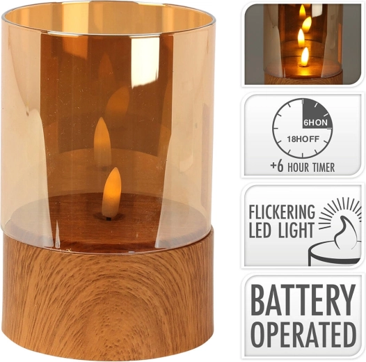 LED candle with flickering flame and timer, wood imitation, amber glass, 10 × 15 cm