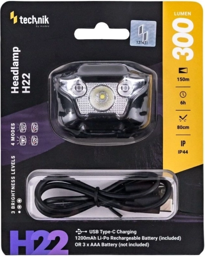 Tehnik galvas lukturis H22 ar USB‑C, ar baltu, sarkanu un zaļu gaismu (300 lm)