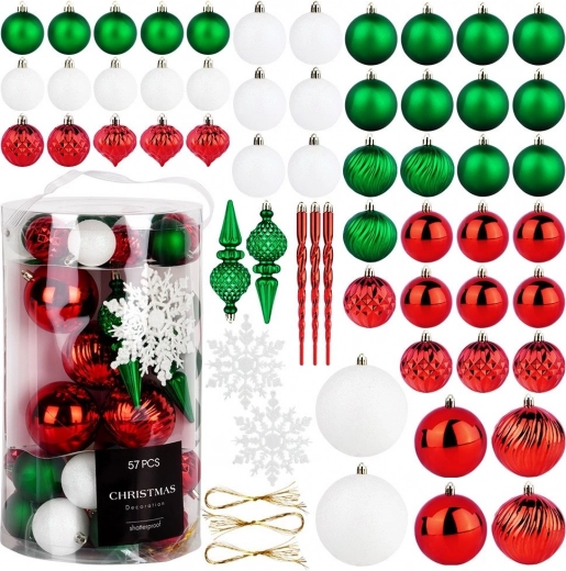 Set of Unbreakable Christmas Ornaments in Red, Green and White – 57 pcs