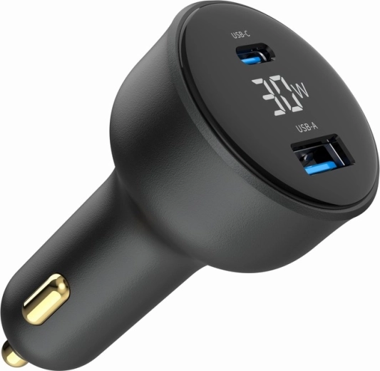 Fast car adapter charger 30 W with LCD, USB‑C PD and 2× USB‑A, black