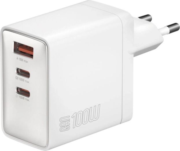 Tīkla lādētājs Pocket 100W GaN, 2× USB‑C + USB‑A, balts