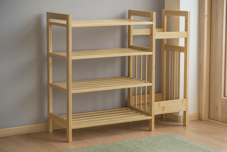 Bambusa plaukts ar 4 plauktiem un sānu nodalījumu lietussargiem 73,5 × 28 × 66 cm