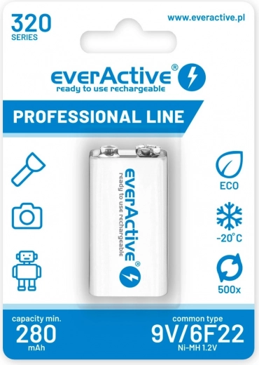 Akumulators everActive 9V 320 mAh Ni-MH gatavs lietošanai