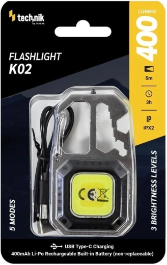 Technik MT-K02 COB LED piekarināms darba lukturis ar karabīni un USB‑C, 400 lm