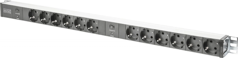 PDU barošanas sliede 19" RACK, 12x Schuko kontaktligzda, 2x 2 m Unischuko spraudnis, 16 A, aizsardzība pret pārslodzi, alumīnija profils