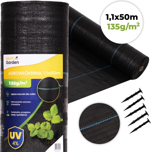 Agrotekstilis pret nezālēm 135 g/m² 1,1×50 m ar mietiņiem, MultiGarden