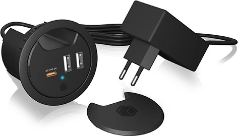 Galda uzlādes stacija IB-HUB1407, 2× USB‑A un 1× USB‑C 60 mm atverei