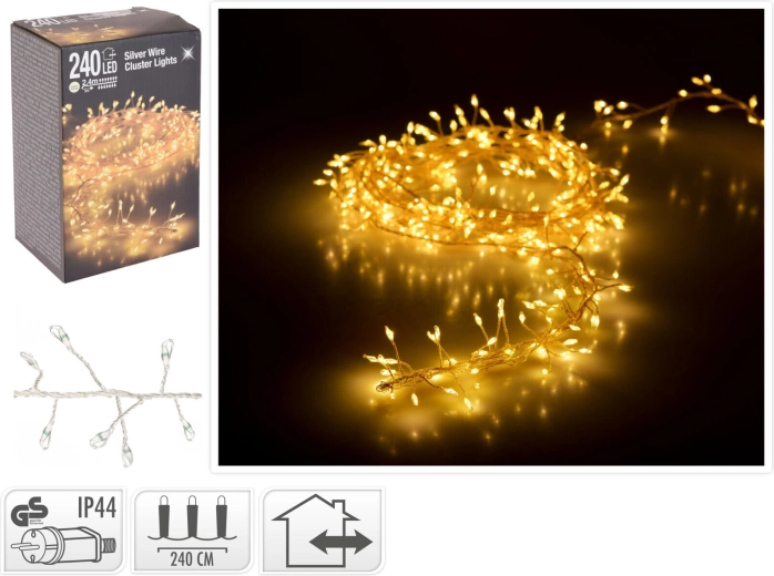 Ziemassvētku LED virtene 2,4 m, 240 gaismiņas, silti balta, sudraba stieple