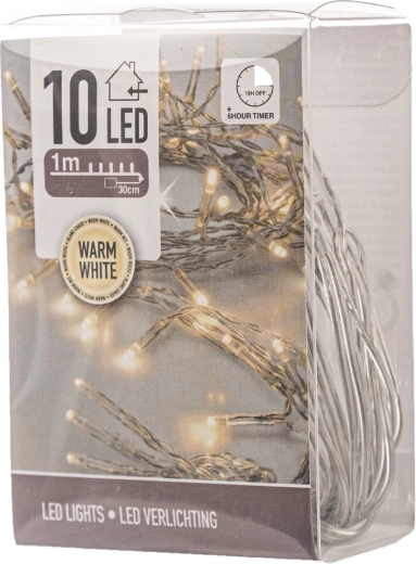 LED gaismas virtene iekštelpām 1 m, 10 LED, silti dzeltena, ar taimeri