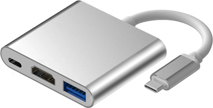 Alumīnija USB‑C 3‑in‑1 hubs ar HDMI 4K, USB 3.1 un USB‑C barošanu – sudraba krāsā