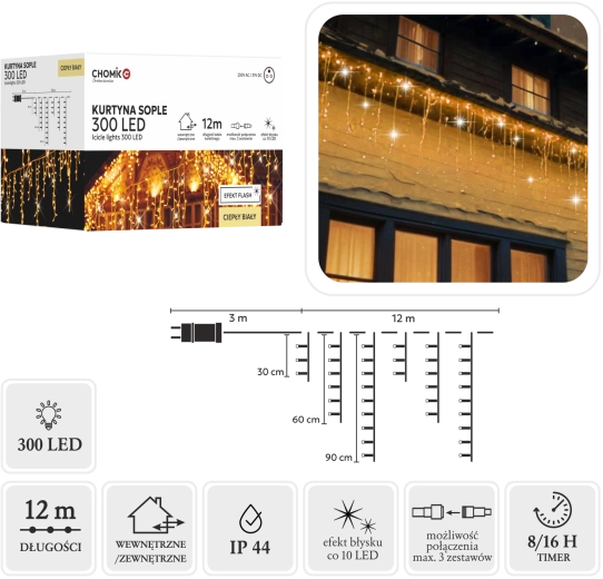 Gaismas aizkars – lāstekas 300 LED silti balta 15 m - 1 gab.