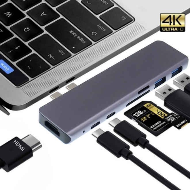 7 vienā USB‑C centrmezgla adapteris ar HDMI 4K un SD karšu lasītāju MacBook Pro/Air – pelēks
