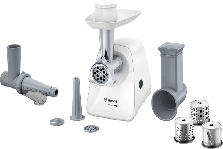 Bosch gaļas maļamā mašīna MFW2517W ar uzgaļiem rīvēšanai un sulas spiešanai