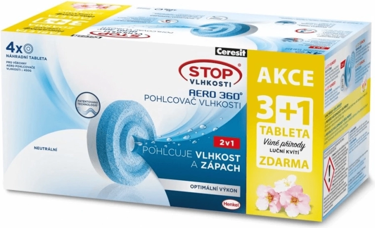Ceresit Stop mitruma AERO 360° rezerves tabletes 2in1, 3× neitrālas + 1× pļavas ziedi