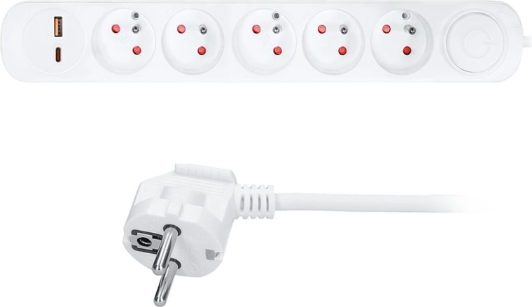 Solight pagarinātājs ar 5 kontaktligzdām un USB-A/C uzlādi, 3 m, balts