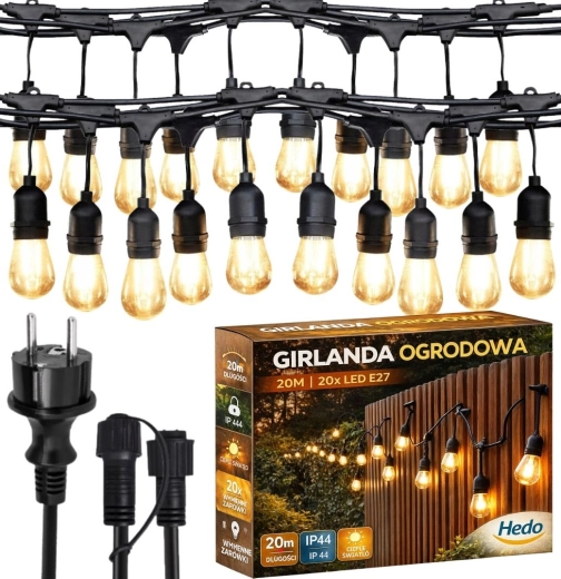 Āra gaismas virtene 20 m ar 20 nomaināmām LED spuldzēm E27, silti balta, IP44
