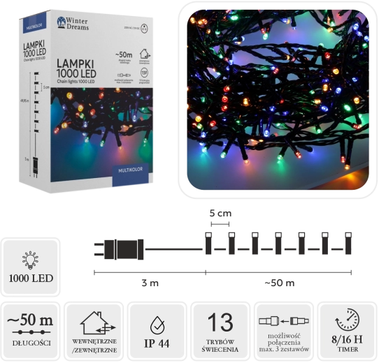 LED Ziemassvētku gaismas virtene 1000 diodes, multicolor, 50 m, iekštelpām/ārā – 1 gab.