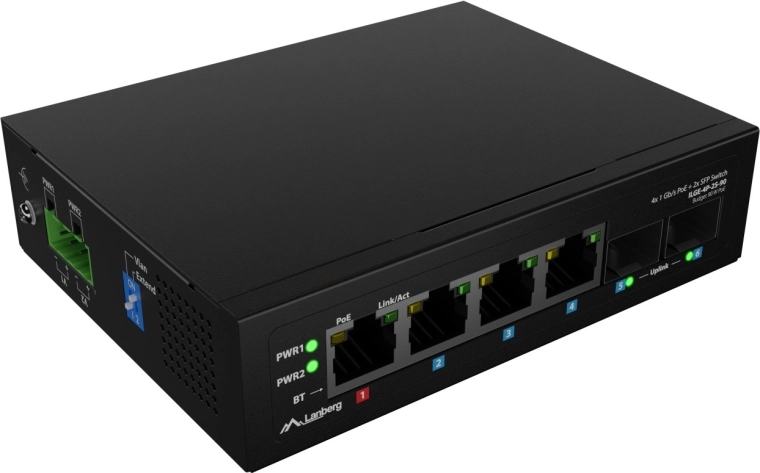 Lanberg vieglais industriālais PoE slēdzis uz DIN sliedes 4× RJ45 + 2× SFP gigabits