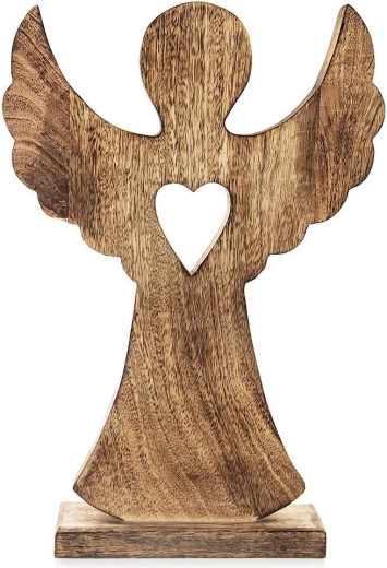 Koka eņģeļa figūriņa no mango koka ar sirdi 25,5 × 36 cm