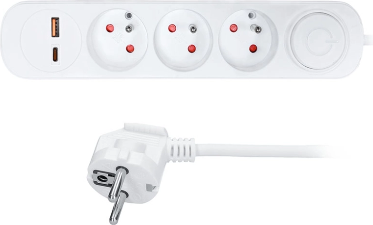 Solight pagarinātājs ar 3 kontaktligzdām, USB-A un USB-C PD 20 W, 5 m, balts
