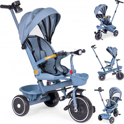 Bērnu 2‑in‑1 trīsritenis ar rotējošu sēdekli un salokāmu jumtiņu, zils ECOTOYS