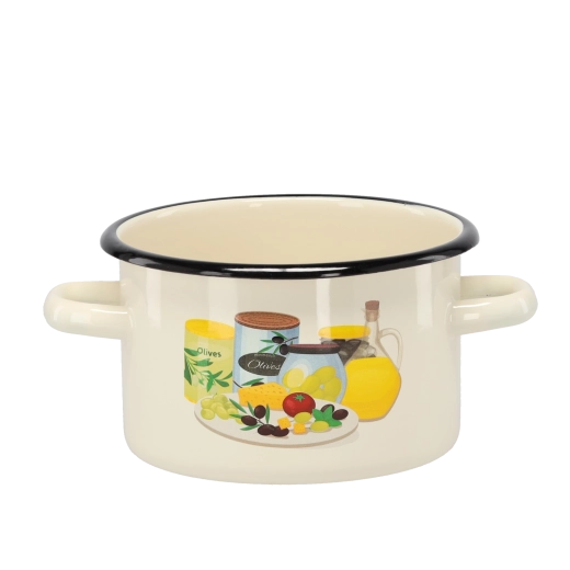Enamel pot 2 L, 16 cm, cream with olive motif
