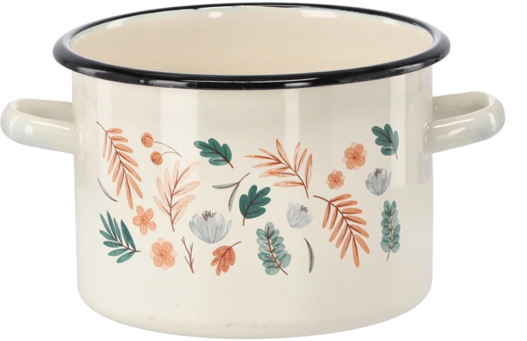 Enamel pot 3 l, 18 cm, cream with leaf motif