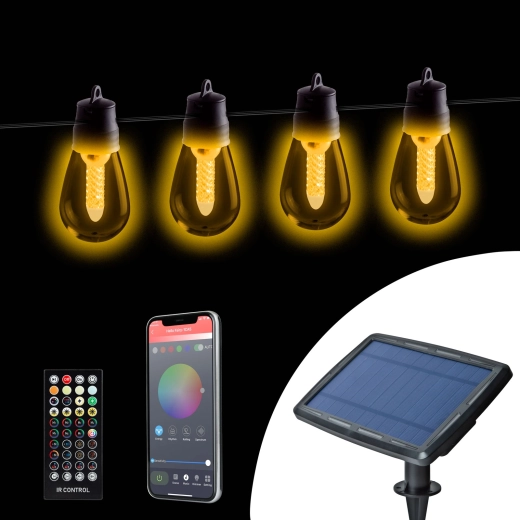 Saules enerģijas gaismas virtene ar 25 baltām LED spuldzēm un Bluetooth vadību