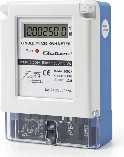 Qoltec vienfāzes elektroenerģijas patēriņa skaitītājs 230 V 5(60) A LCD
