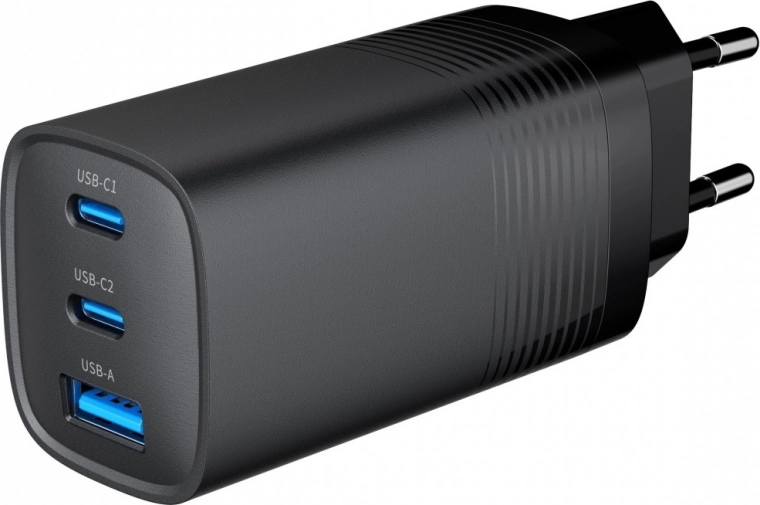 Melns USB lādētājs 65 W GaN ar 1x USB-A un 2x USB-C portiem
