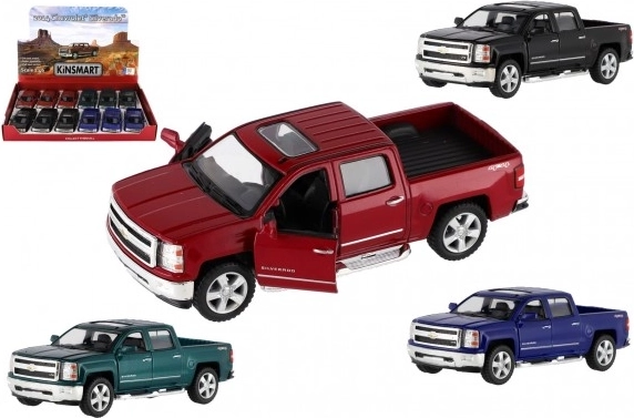Kinsmart Chevrolet Silverado 2014 metāla auto modelis ar metāla virsbūvi, 1:46, 13 cm, atpakaļvilkšanas (pull-back) mehānisms, 4 krāsas