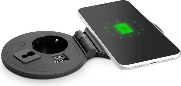 Built-in pop-up socket with USB, USB-C and wireless charging