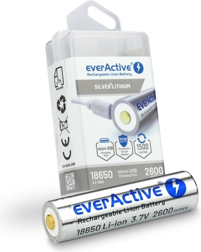 Uzlādējams akumulators 18650 3,7 V Li‑ion 2600 mAh ar micro USB EVERACTIVE