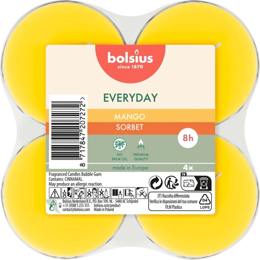 Maxi tējas sveces ar mango aromātu, 4 gabalu komplekts