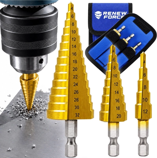 RENEW FORCE pakāpenisko urbju komplekts ar titāna pārklājumu, 4–32 mm