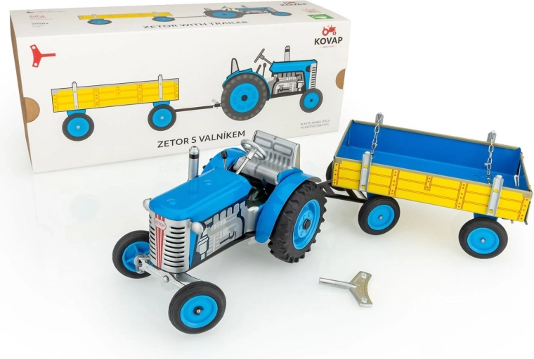 Traktors Zetor ar piekabi, uzvelkams ar atslēdziņu, metāla, 28 cm KOVAP – Zila