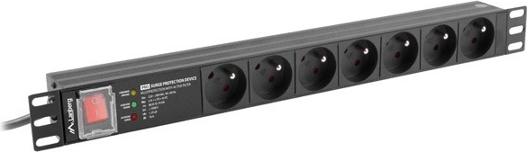 Rack barošanas josla 19" 1U, 7 kontaktligzdas, 16 A, pārsprieguma aizsardzība, kabelis 2 m – LANBERG