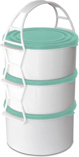 Plastmasas pārtikas nesējs TORO, 3 līmeņu, 2×1,3 l + 1,7 l, vāciņu krāsu miks
