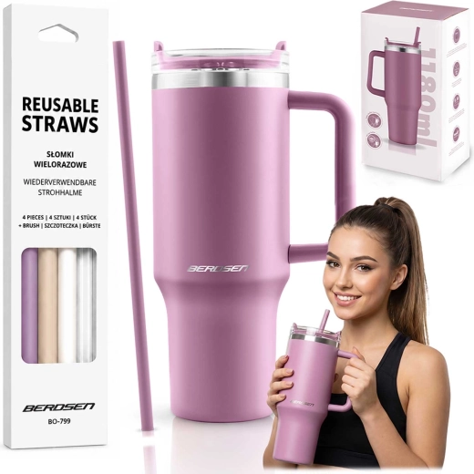 Berdsen vakuuma termokrūze 1180 ml ar salmiņu komplektu, rozā