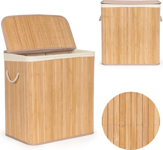 ModernHome bamboo laundry basket 150 L with 3 compartments and lid