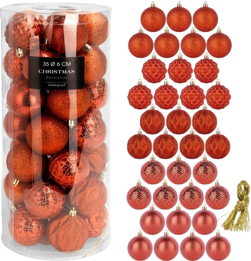 Nesaplīstošas sarkanas Ziemassvētku bumbas 6 cm, komplekts 35 gab.