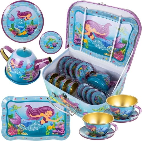 Children’s tea set with a mermaid motif in a suitcase (9 pieces)