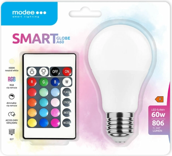 Modee LED viedā spuldze A60 9,4 W E27 RGB-W 806 lm ar tālvadības pulti